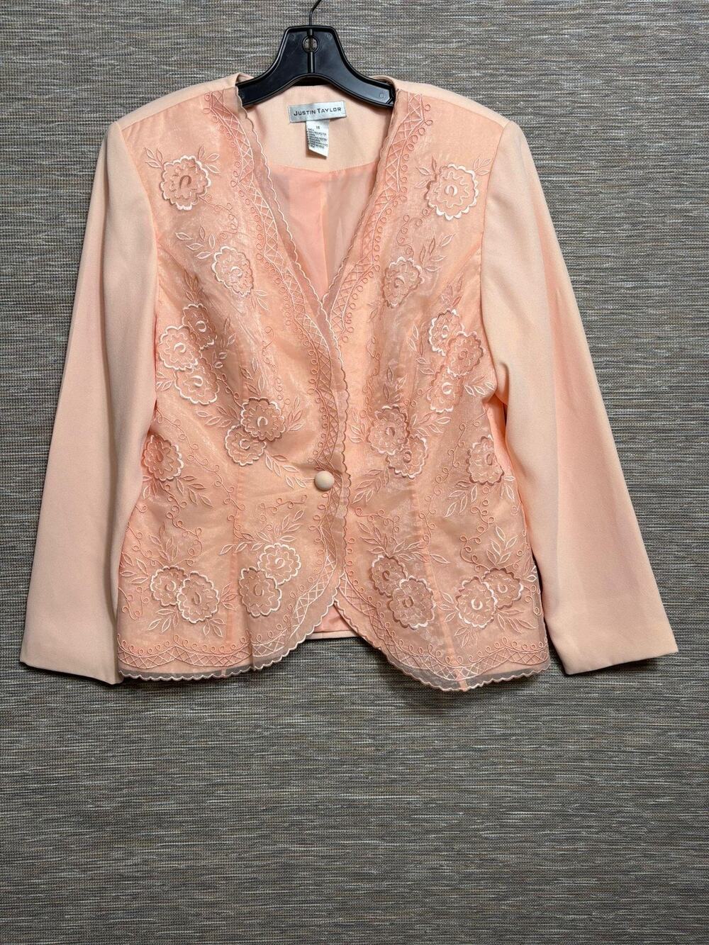 Justin Taylor Suit Jacket Womens 14 Pink Floral Embroidered Lace Lined Dressy